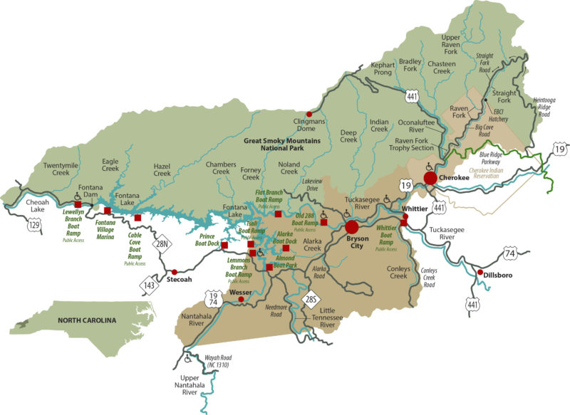Map of fly fishing streams, creeks, and rivers near Bryson City NC.