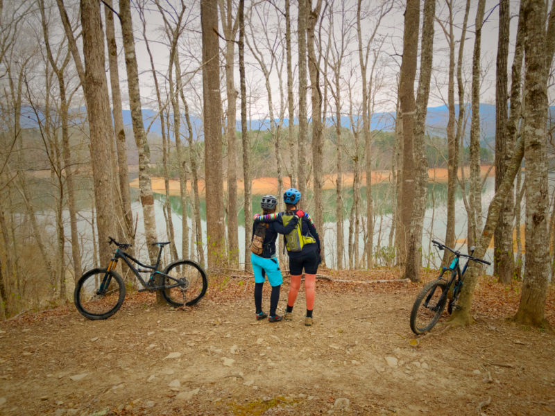 Mother and daughter mountain biking in Tsali near Bryson City, NC.